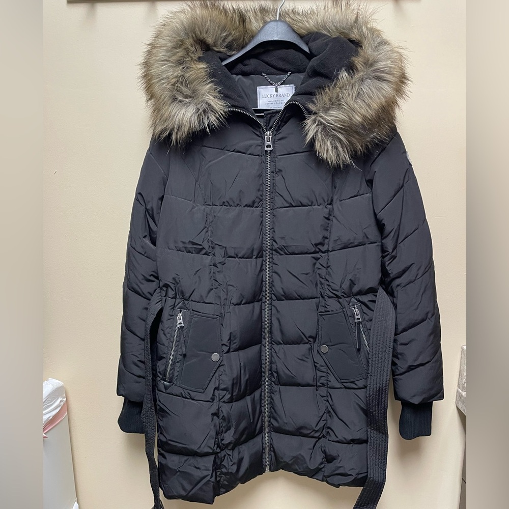 Lucky Brand Black Puffer Jacket with Fur Trim